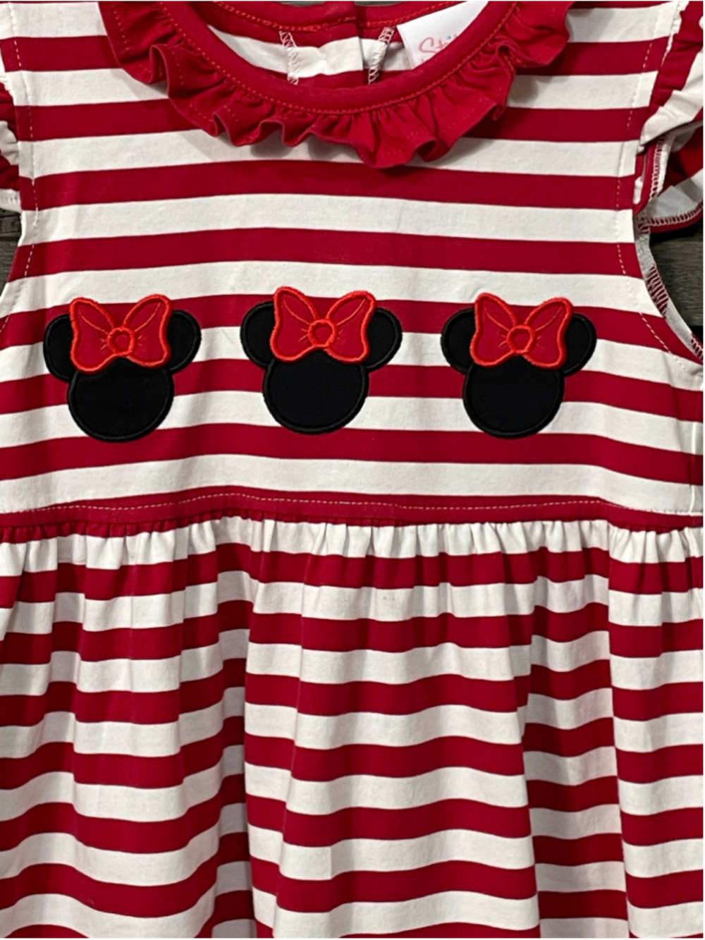 Stitchy Fish Girls Red White Striped Ruffle Minnie Mouse Applique Dress 2T - Picture 2 of 7